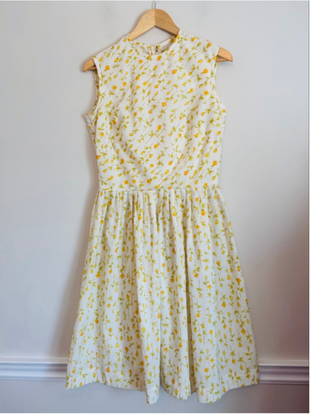 Vintage Union Made 70s Toni Todd White Yellow Floral Sleeveless Dress S Retro